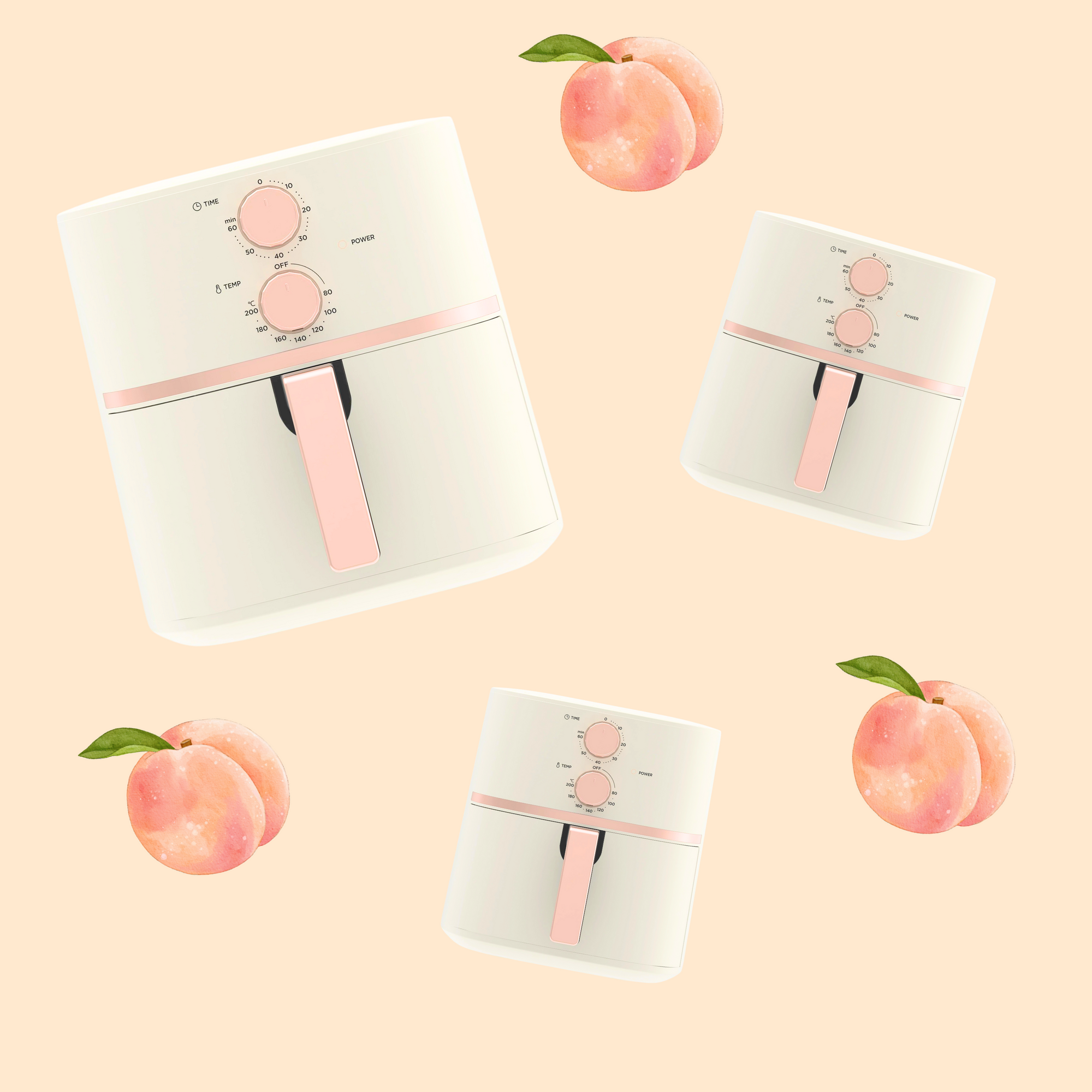 white and peach coloured air fryer with peach graphics 