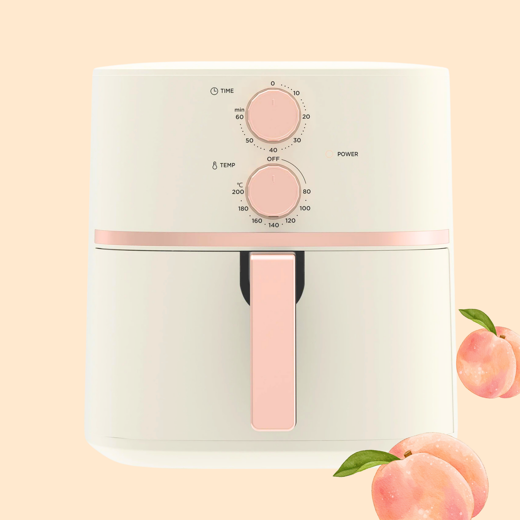 peachy air fryer with peach graphics 