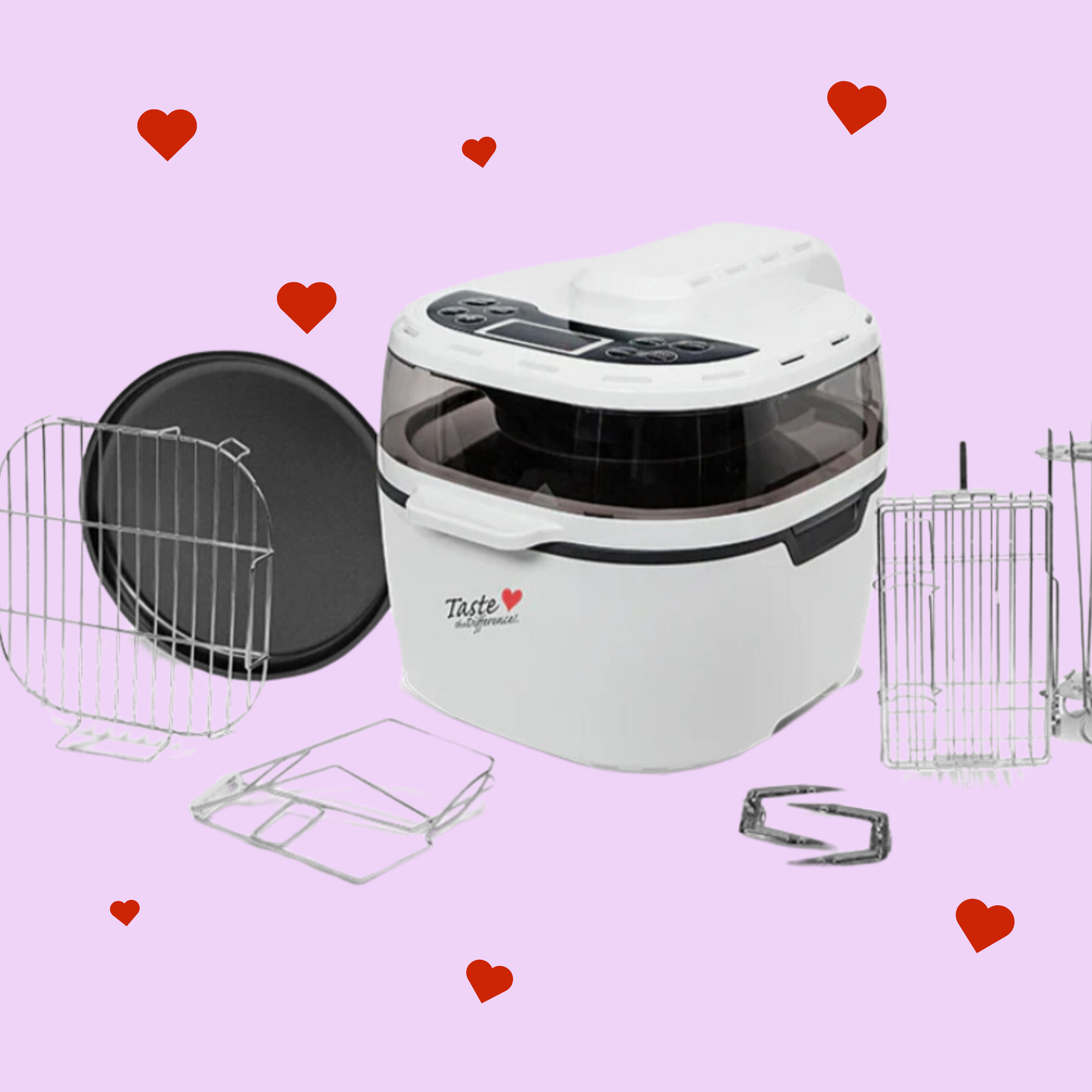 white air fryer with taste the difference logo and reg love heart on pink background lid shut and extra bits included