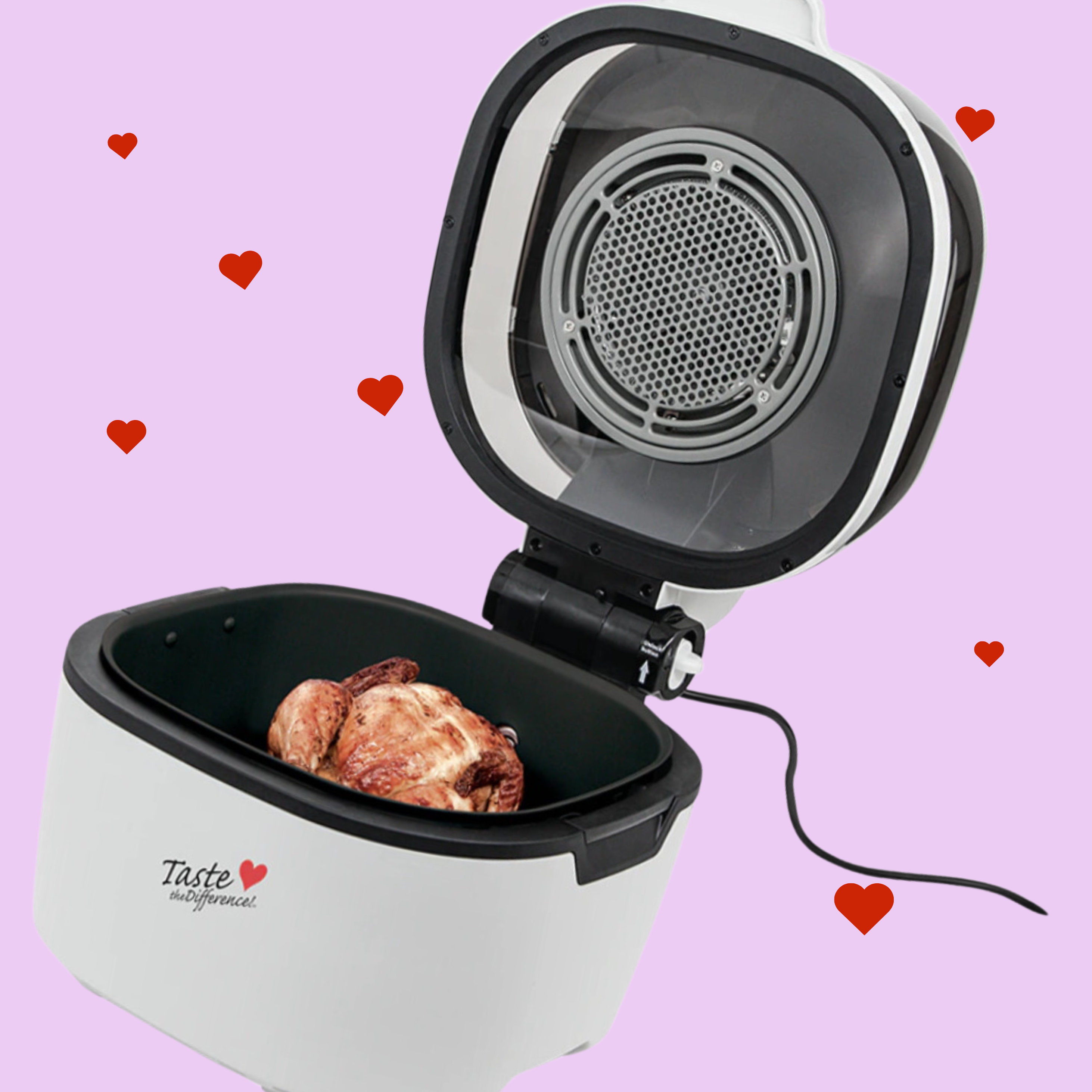 white air fryer with taste the difference logo and reg love heart on pink background