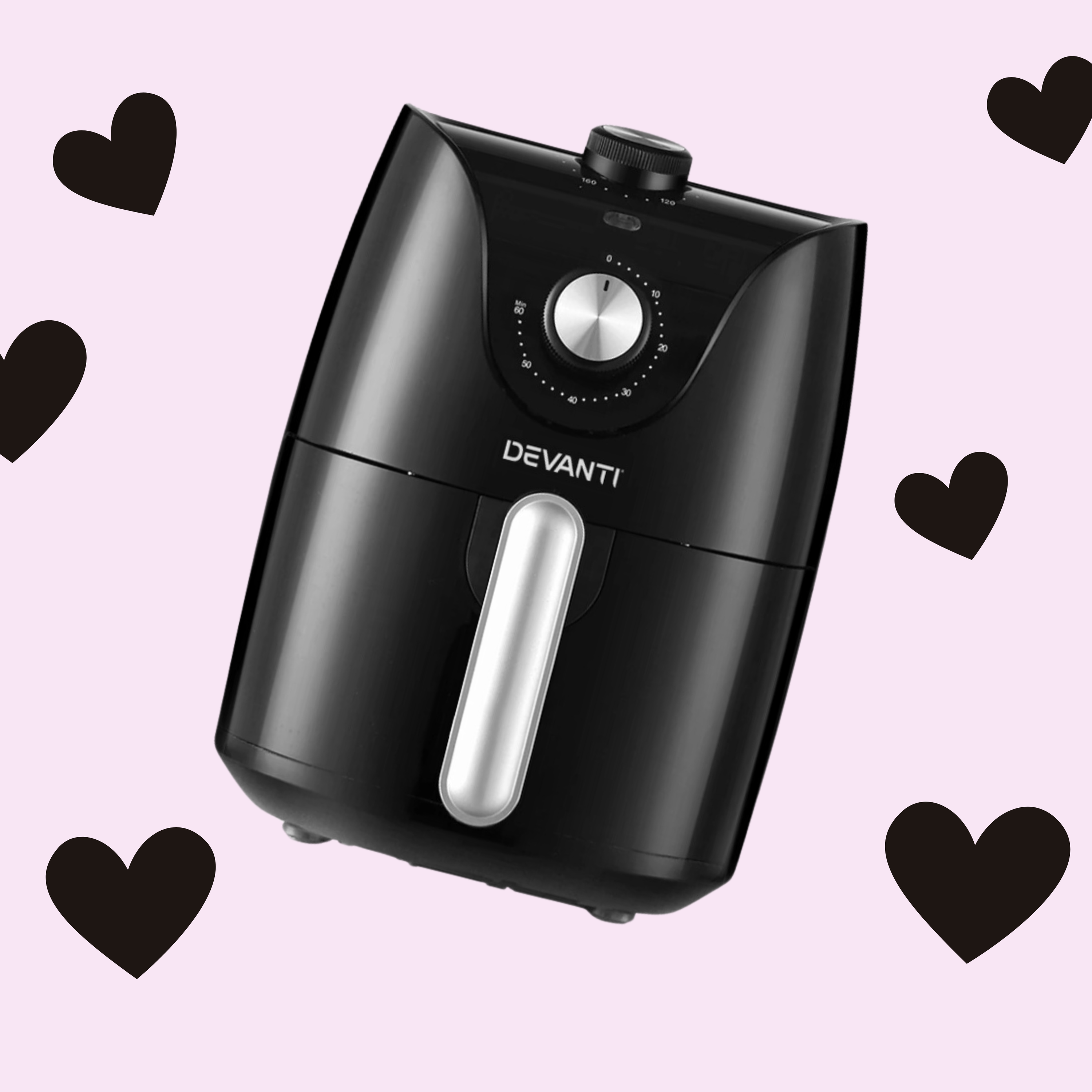 small black air fryer on pink background with small black love hearts