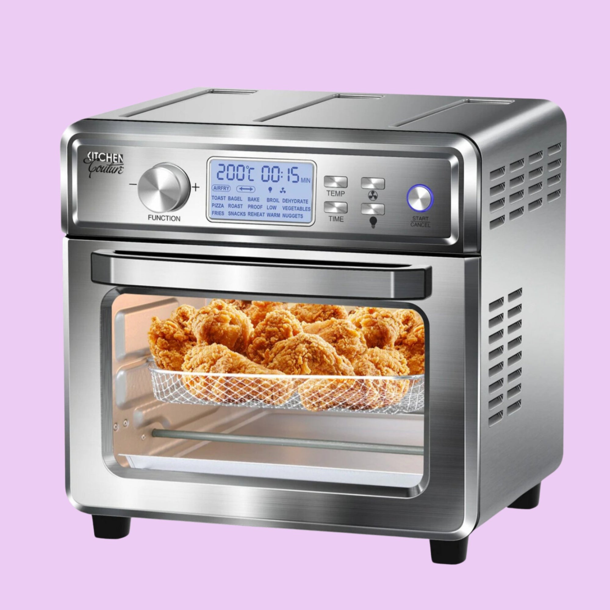 Dolly Decker - Cute Fry silver stainless air fryer oven with large glass window and digital display on pink bankground