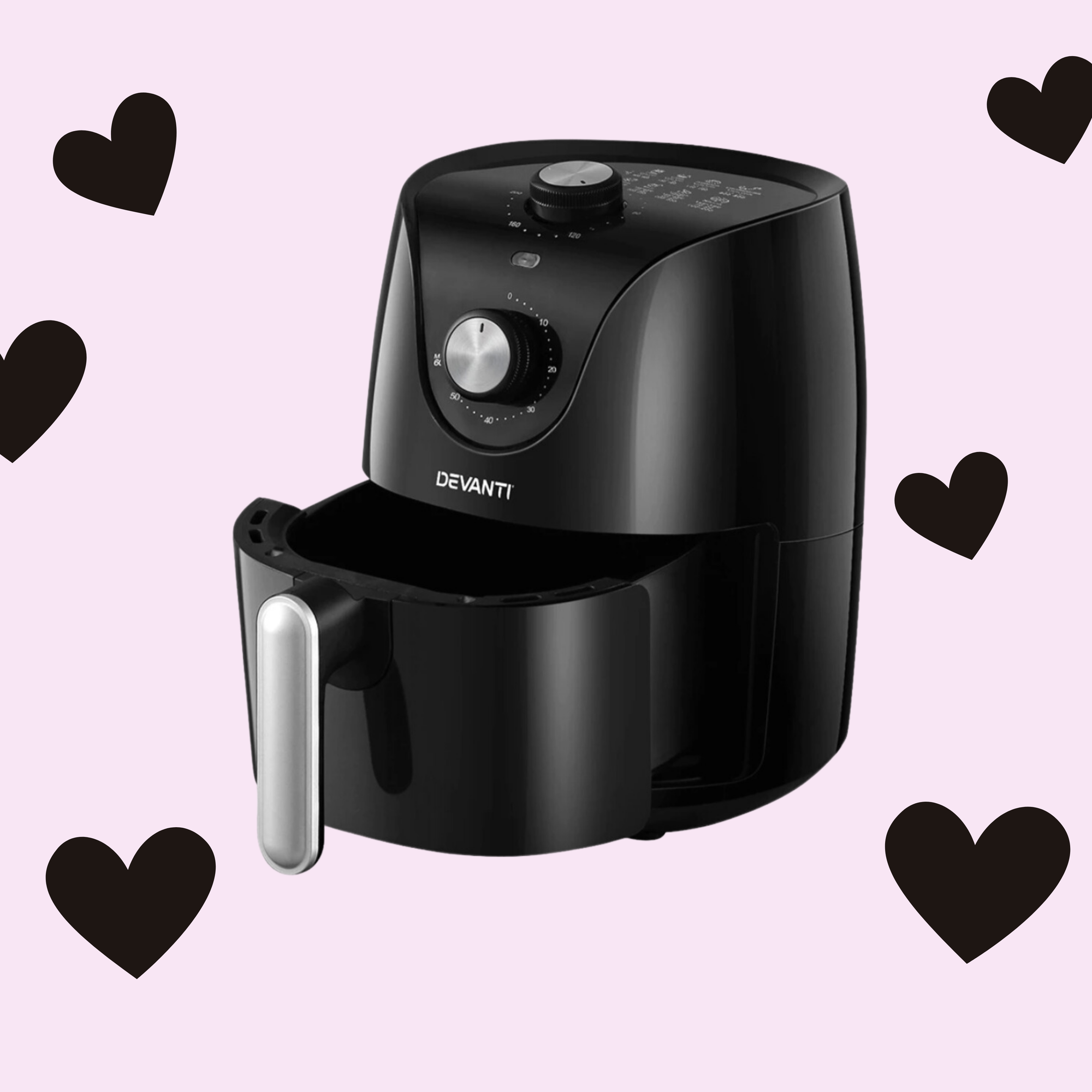 mini black devanti air fryer on light pink background with little black love hearts