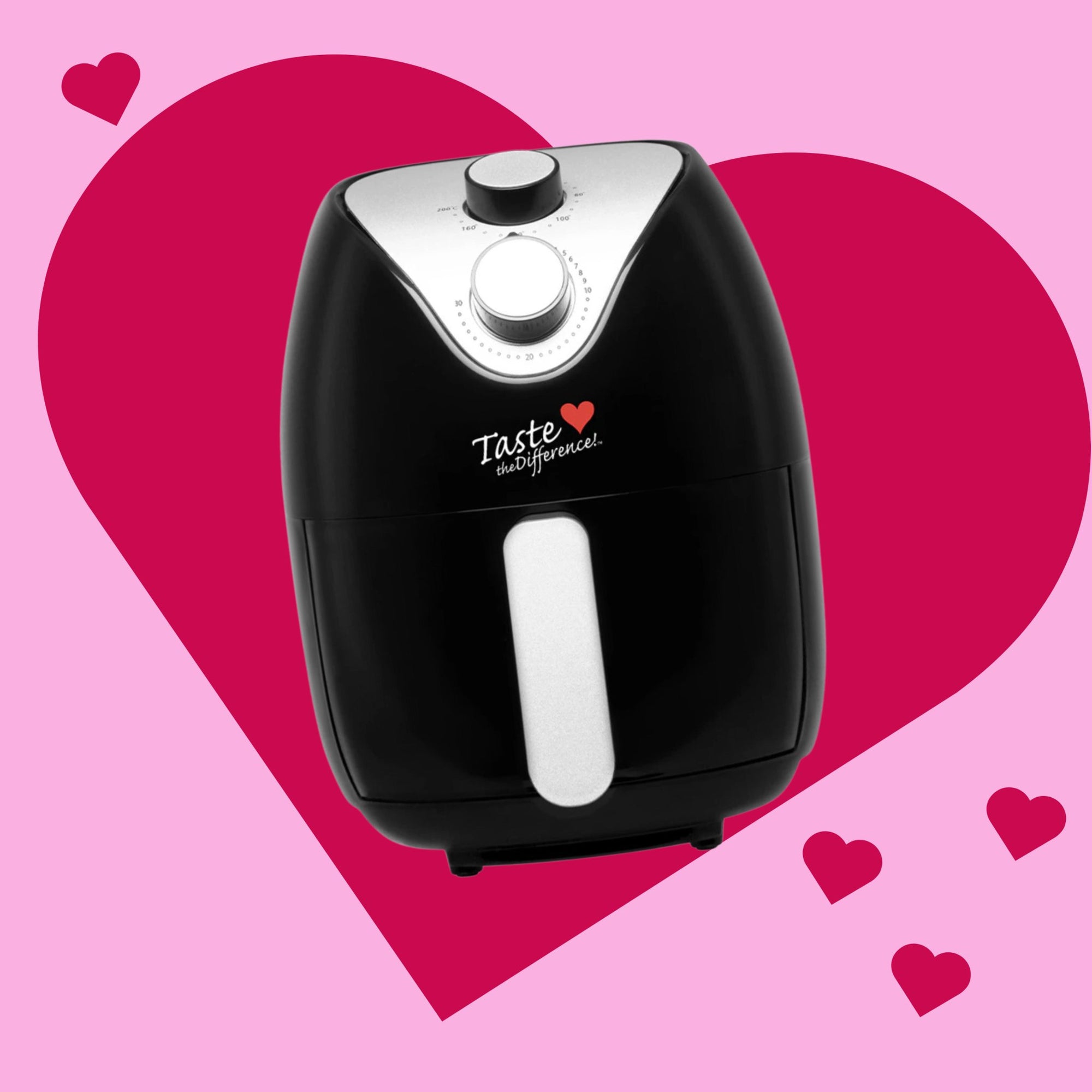 Mini Mate small black air fryer on pink love heart graphical background 