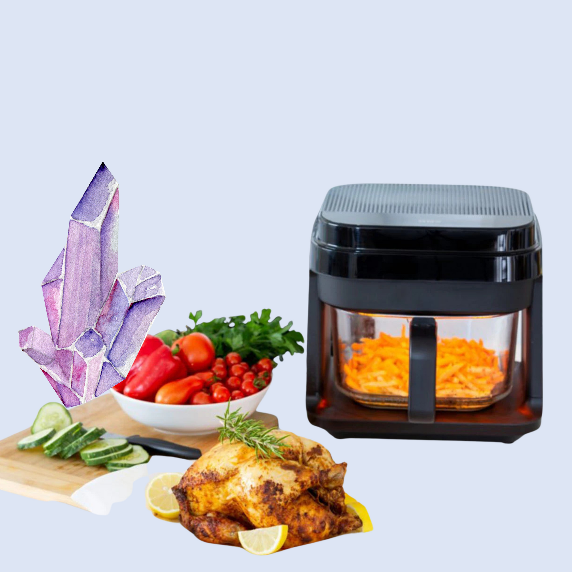 graphics of jem stone and glass air fryer with tomatoes on purple background